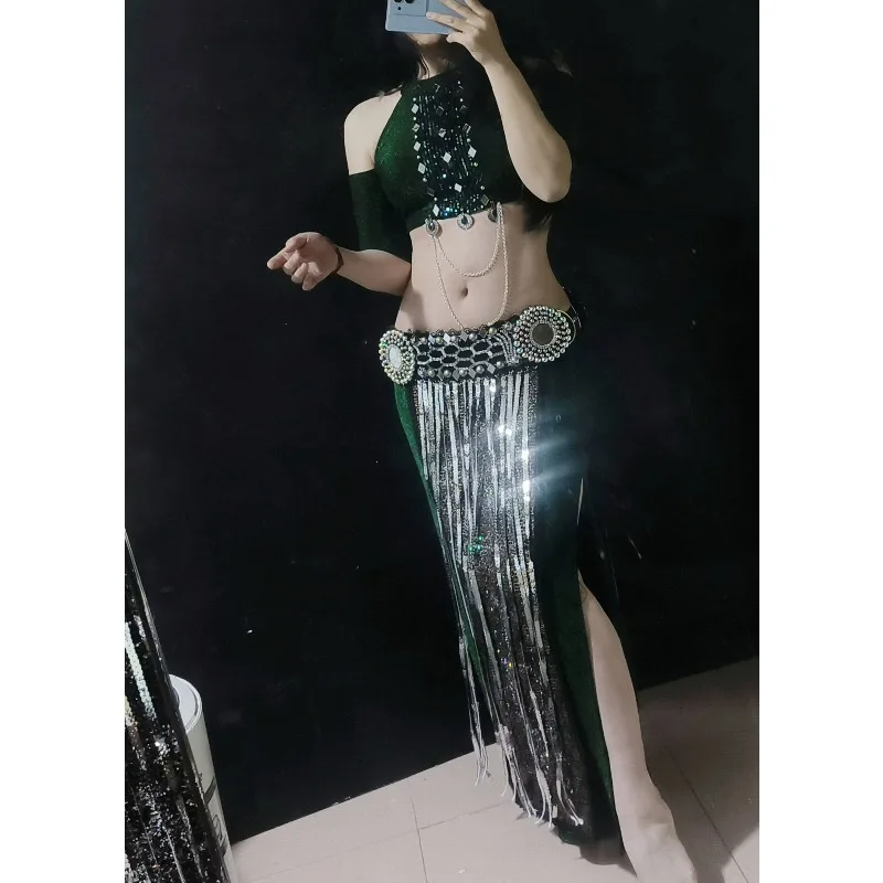 customized belly dancewear performance costume tribal fusion top double skirt waist belt tassel hip scarf 4-piece set