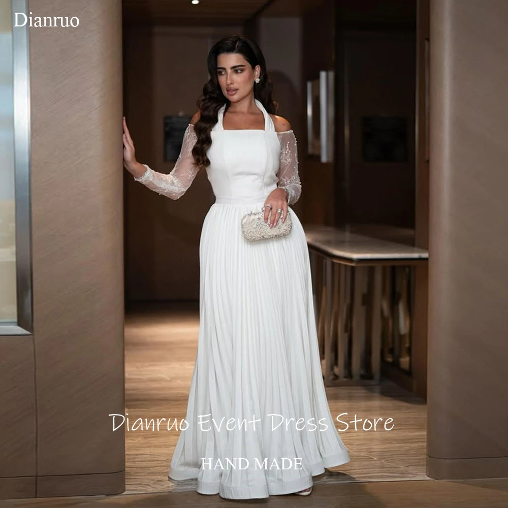 فستان سهرة Dianruo برقبة رسن على شكل حرف A مطوي وأكمام من الدانتيل رداء De Soirée Abendkleider دبي فيستدو دي فييستا مخصص