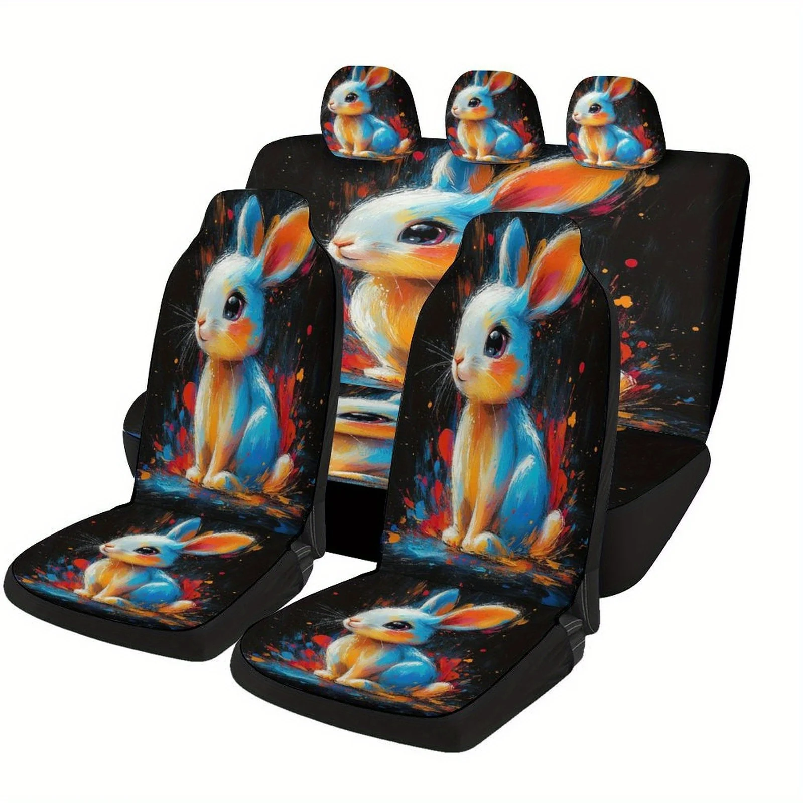 Colorful Rabbit Art Designed Car Seat Cover Set For Most Cars, Fashion Comfortable Car Seat Protector Covers Full Set, Car Sea