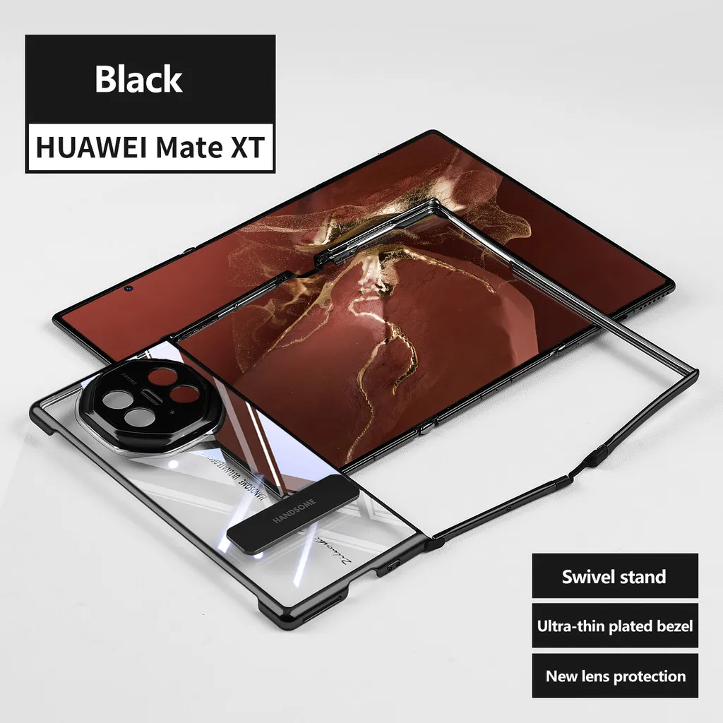 Ultra-thin Plated Frame Transparent Phone Case For Huawei Mate XT Ultimate 360 Rotating Stand Full Protection Anti-fall Cover