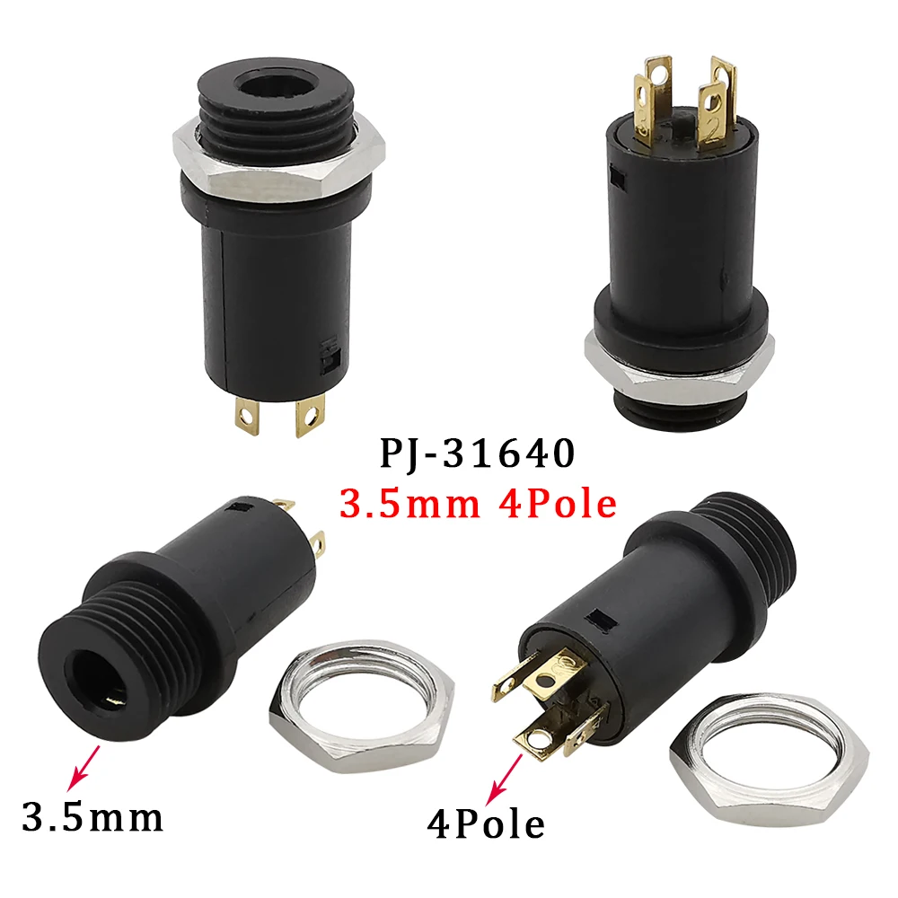 PJ-31640 3.5mm Female Headphone Jack Socket Connector 4 Pin 3.5mm Jack Stereo Audio Panel Mount Socket Connector With Nut Thread