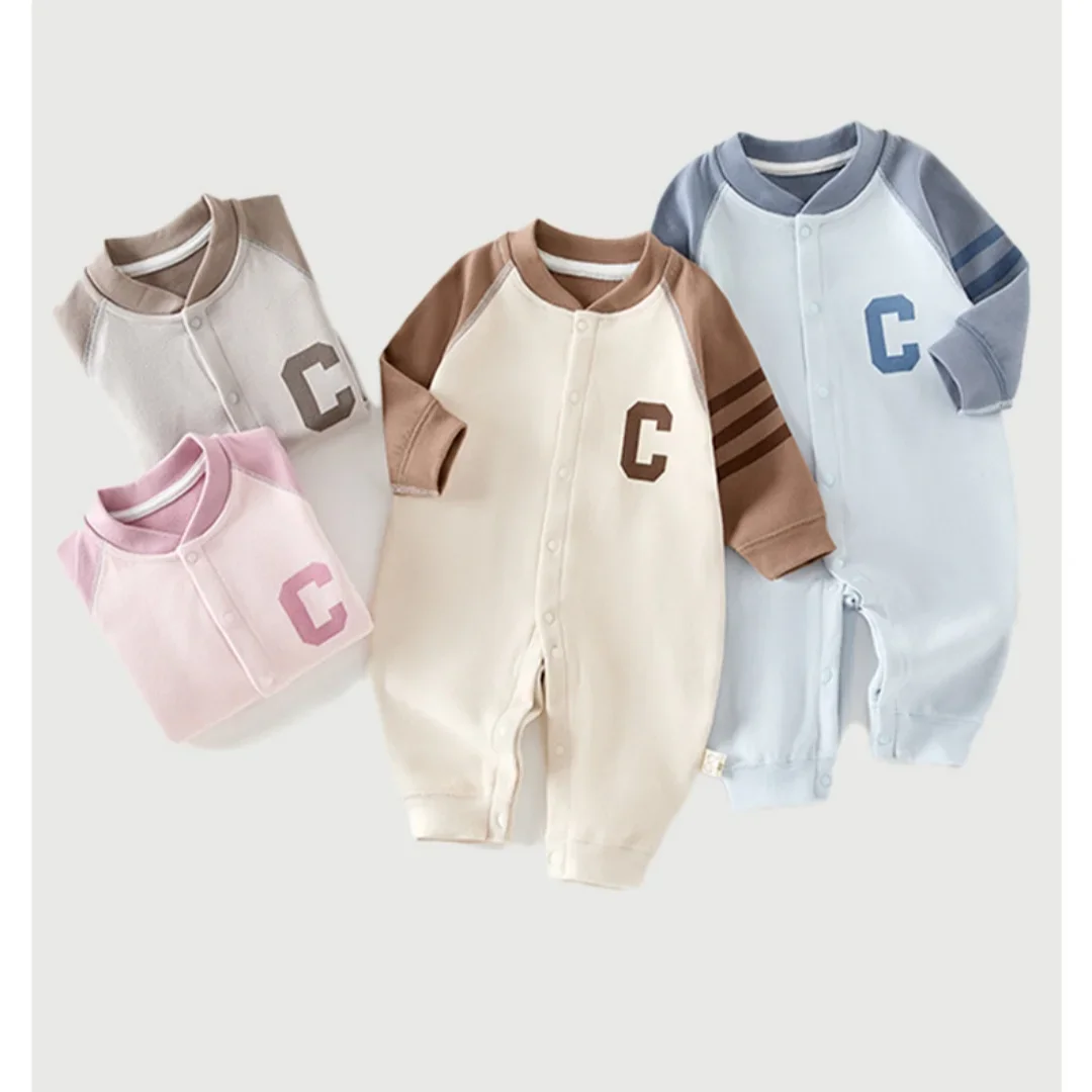 0-3Y Baby Girl Boy Jumpsuit Newborn Color Block Long Sleeve Romper Warm Spring Clothes Letter Print Patchwork Daily Home Wear