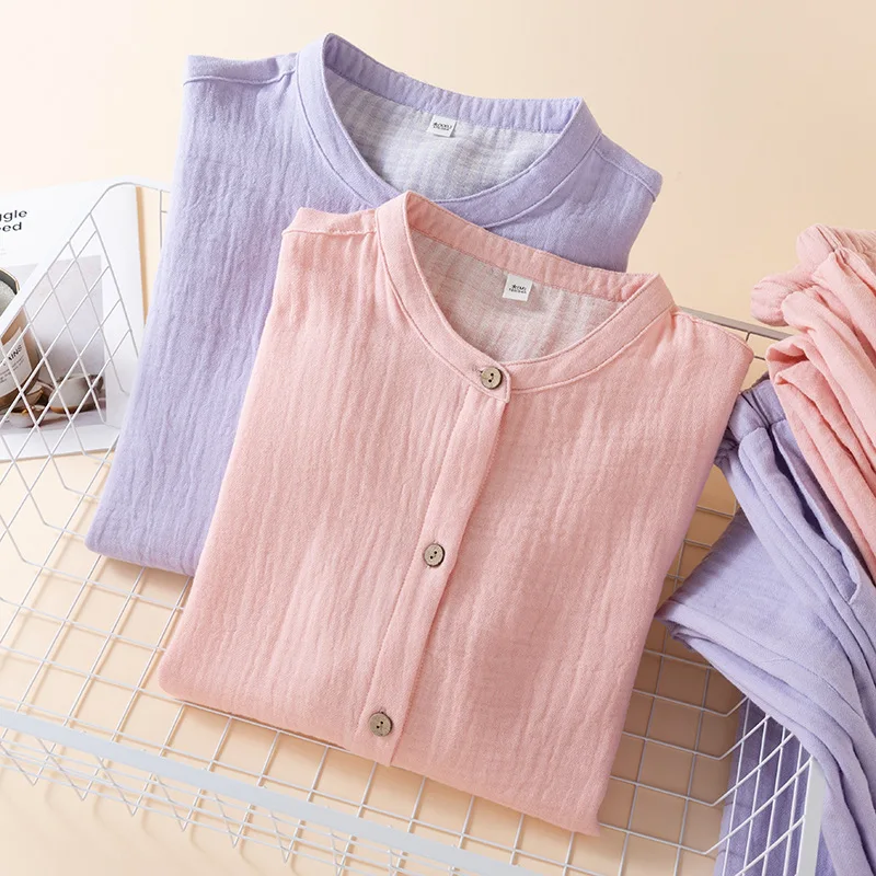 

Casual Pure Cotton Gauze Loungewear Spring Yarn-dyed Solid Color Men's and Women's Pajamas Long-sleeved Trousers 2 Piece Sets