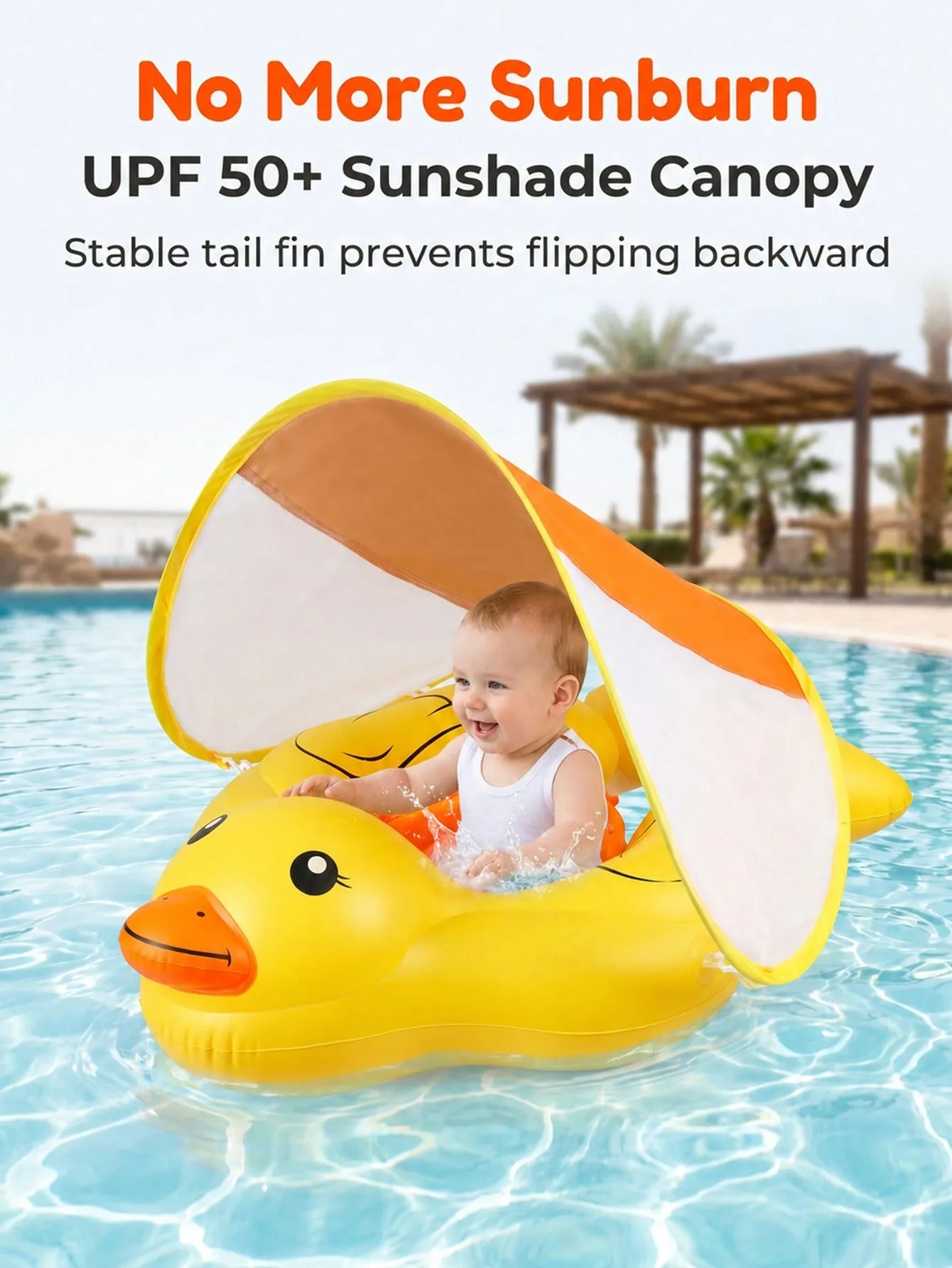 Baby Pool Float With Removable Canopy Inflatable Yellow Duck Swim Ring With Safety Seat Air Pump & Water Toys For 3-36 Months To