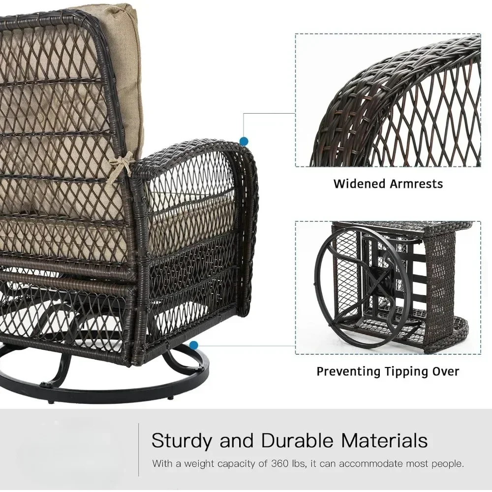 3 Pieces Patio Furniture Set Outdoor Swivel Glider Rocker Wicker Patio Bistro Set with Rocking Chair Thickened Cushion and Table