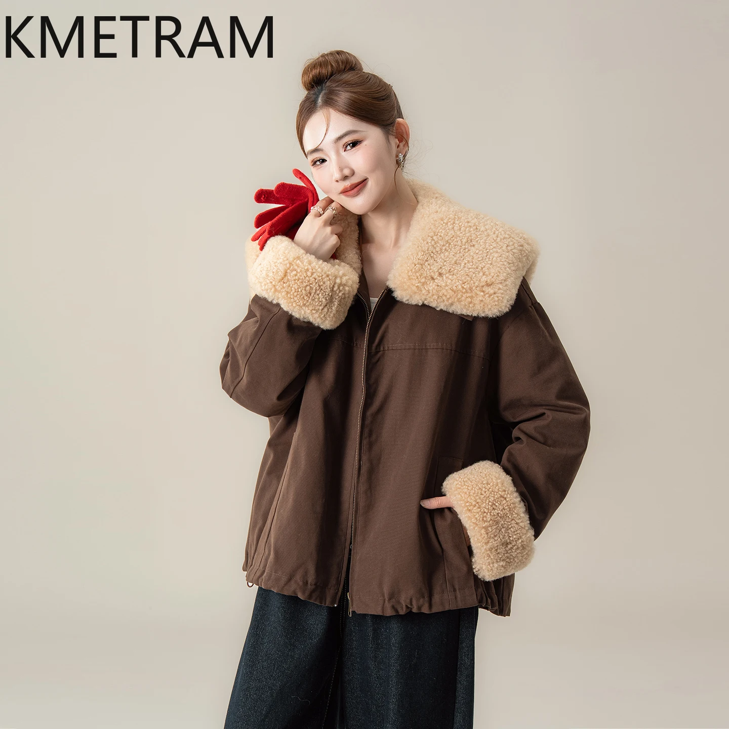 KMETRAM Abrigo de piel corto vintage y cálido con solapa de algodón 100% natural para damas en otoño e invierno 2025 зимняя куртка ж miscecud
