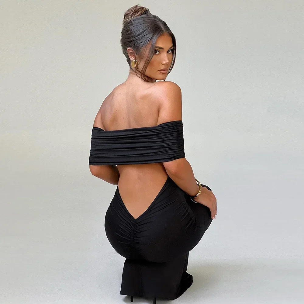 2025 New Strapless Backless Sexy Maxi Dress For Women Black Solid Off-shoulder Sleeveless Bodycon Club Party Long Dress Elegant
