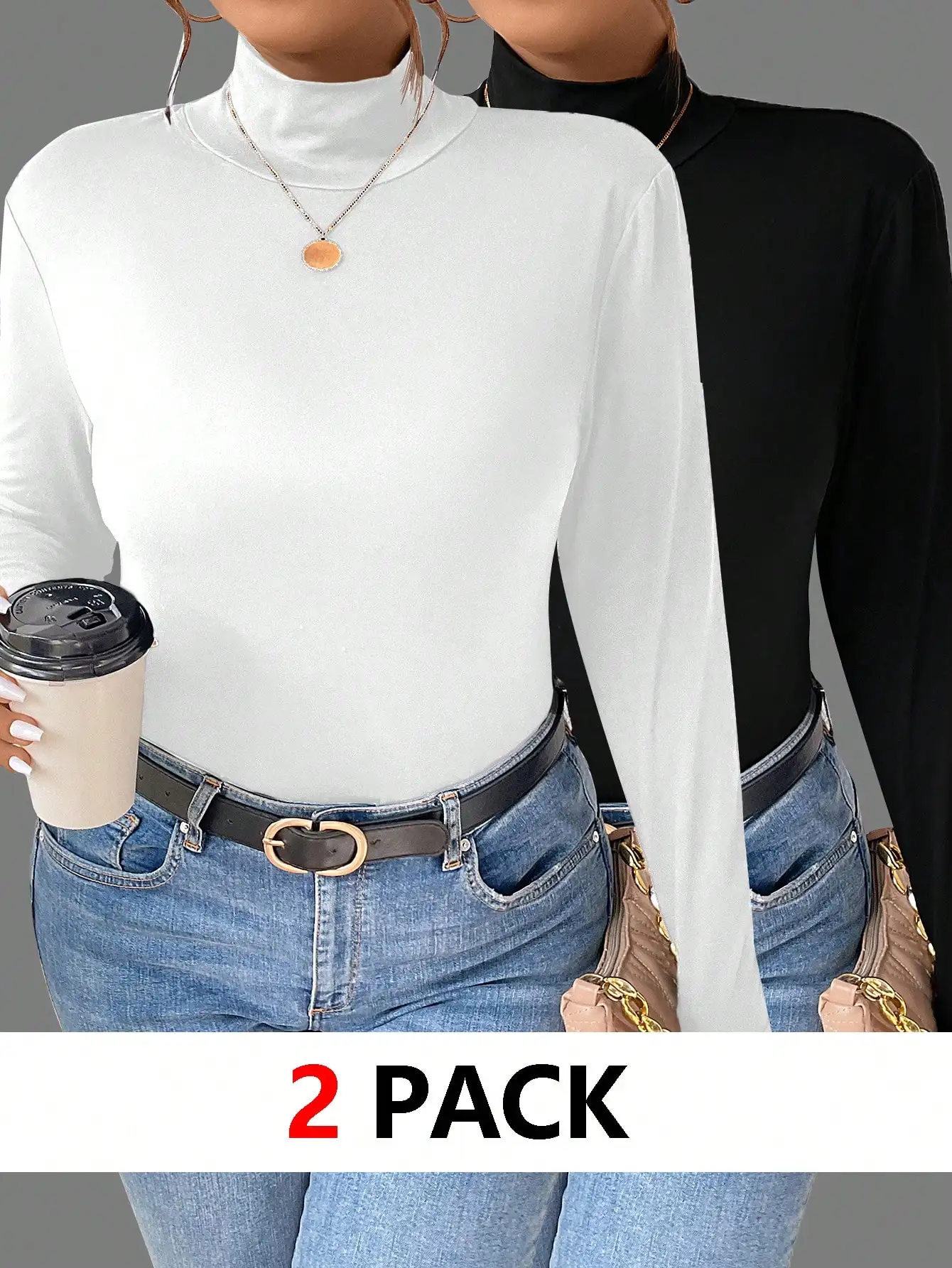 

2 Pack Women's Long Sleeve Turtleneck T-Shirts, Casual Monochrome Basic Tops for Spring Fall Winter