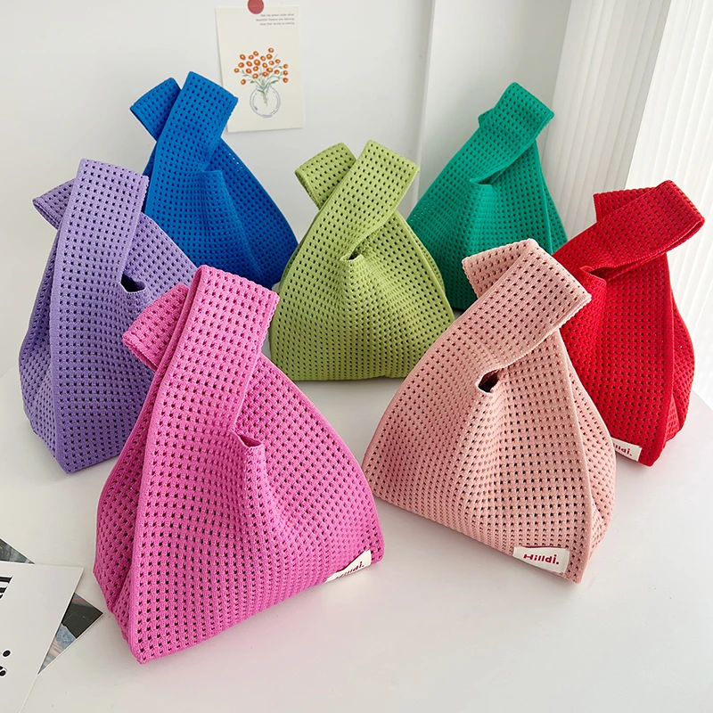 Skeleton Solid Color Knitted Bag Women'S Mini Knot Wristlet Hundred Large Capacity Mesh Handbag Reusable Shopping Bag Summer