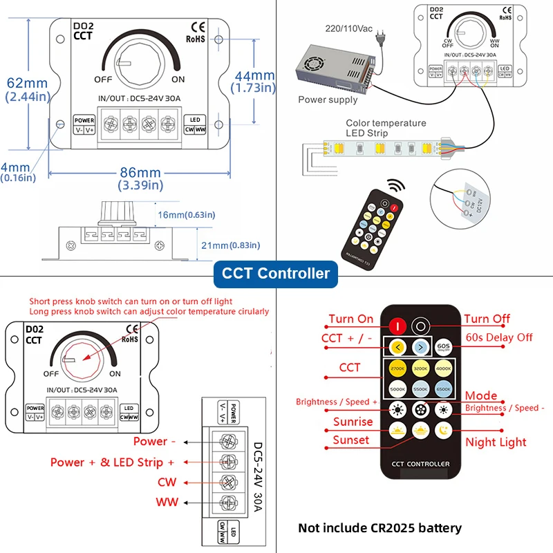 DC5-24V kontroler 30A RF PWM CCT sterowanie bezprzewodowe lub przez pokrętło, aby dostosować jasność i temperaturę kolorów