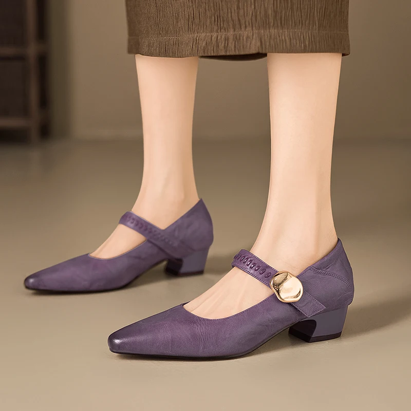 2027 Autumn New Women's Shoes Cow Leather Metal Buckle Square Toe Slip-on Mary Jane Pumps Elegant Ladies OL Style Heels Shoes