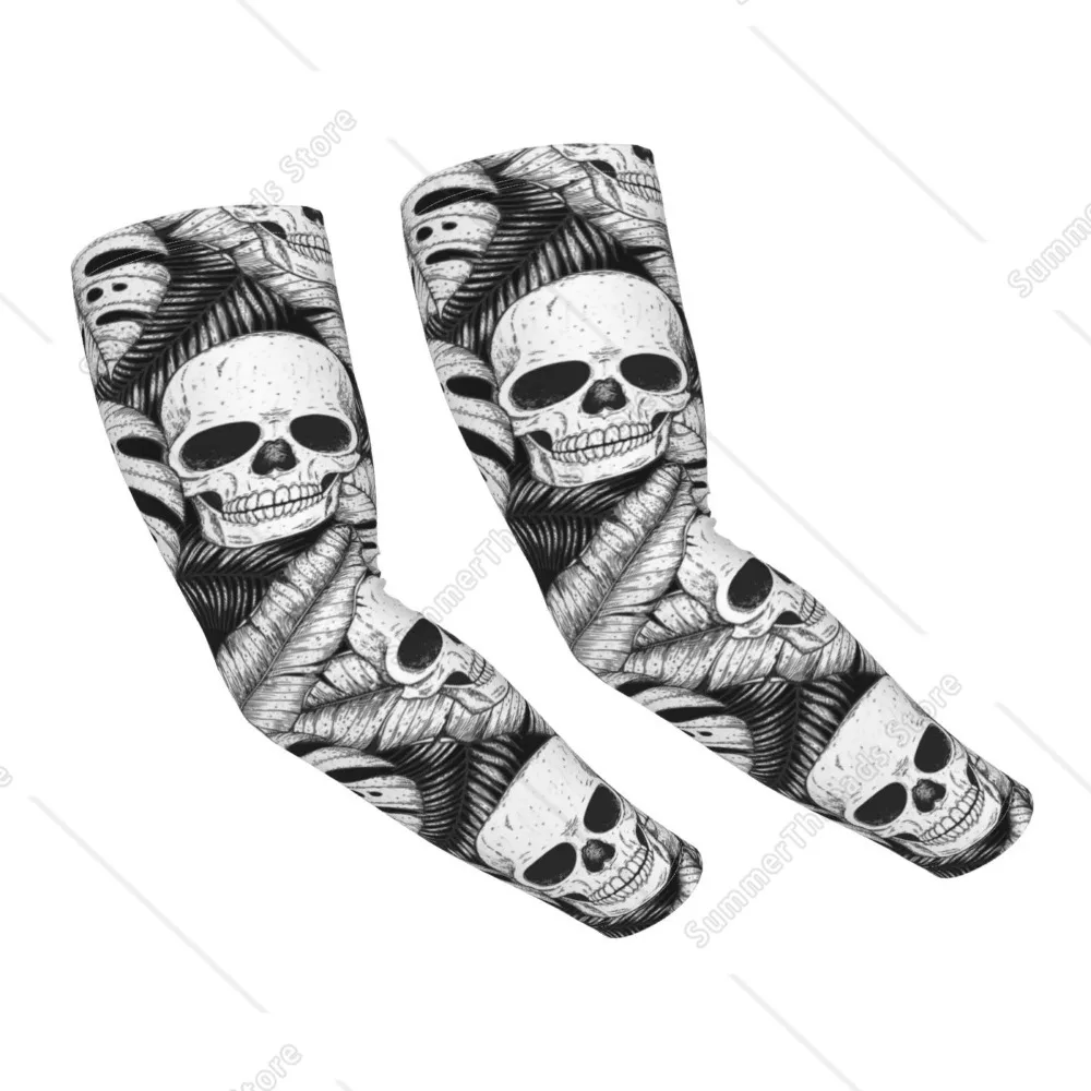 

Skull and Palm Leaves UV Sun Protection Arm Sleeves - Cooling Compression Arm Sleeve with Finger Hole