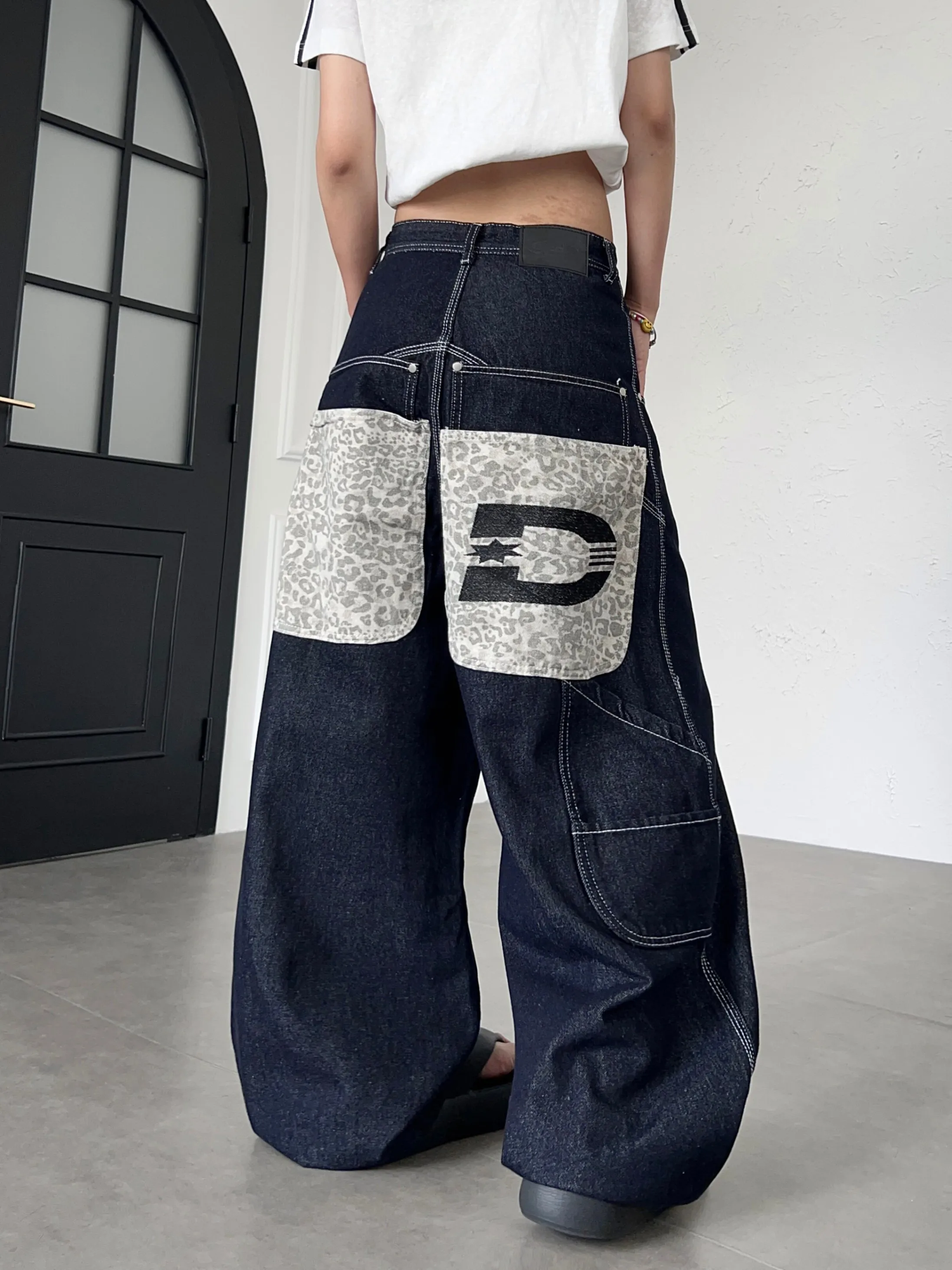 Retro American Street Leopard Print Patchwork Double Waist Wide Leg Jeans Loose Straight Cut Trousers for Men And Women
