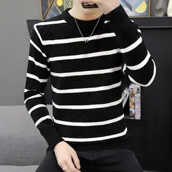 Fashion O-Neck Knitting Spliced Casual Striped Sweater Men's Clothing Autumn New Loose Korean Pullovers All-match Tops