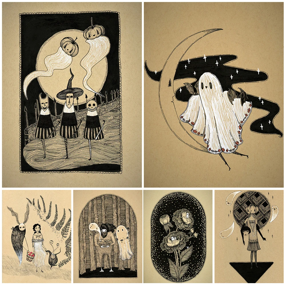 

The Life Of Ghost Witch Vintage Wall Art Canvas Painting Cute Bat,Monster,Moon And Scarecrow Poster Print Home Decor Unframed