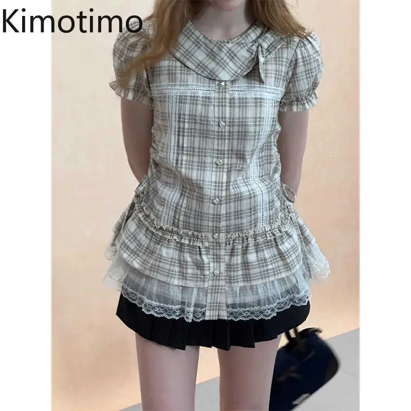 

Kimotimo Japanese Vintage Puff Sleeve Plaid Shirt Women Peter Pan Collar Ruffled Folds Slim Tops Summer New Y2k Aesthetic Blouse