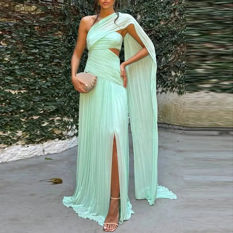 

New Sexy Strapless Hollow Slit Long Dress Woman Summer Solid High Waist Boho Maxi Dress Ladies Slim Pleated Backless Party Dress
