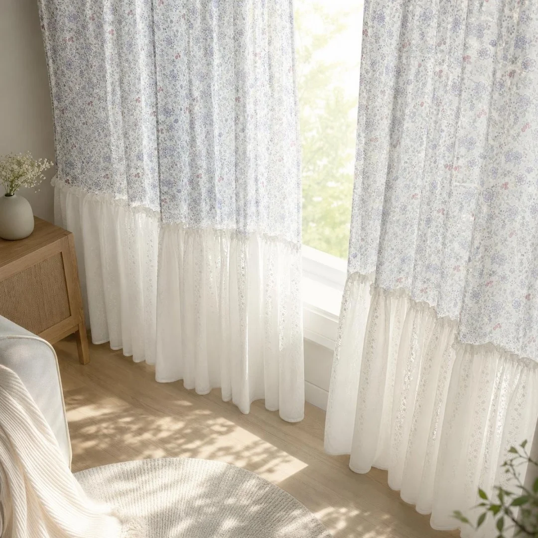 Vintage Floral Print Spliced Embroidery Curtain,Textured Soft Drapes,Sweet Country Window Curtains for Girls Bedroom Home Decor