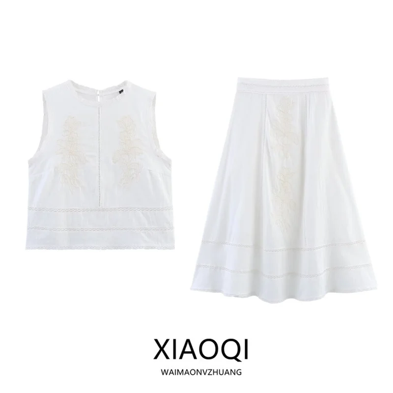 Spring 2025 New Women's Embroidered round Ne Svel Top mid Waist f Skirt Faion Set for 25-35 Years Old Women