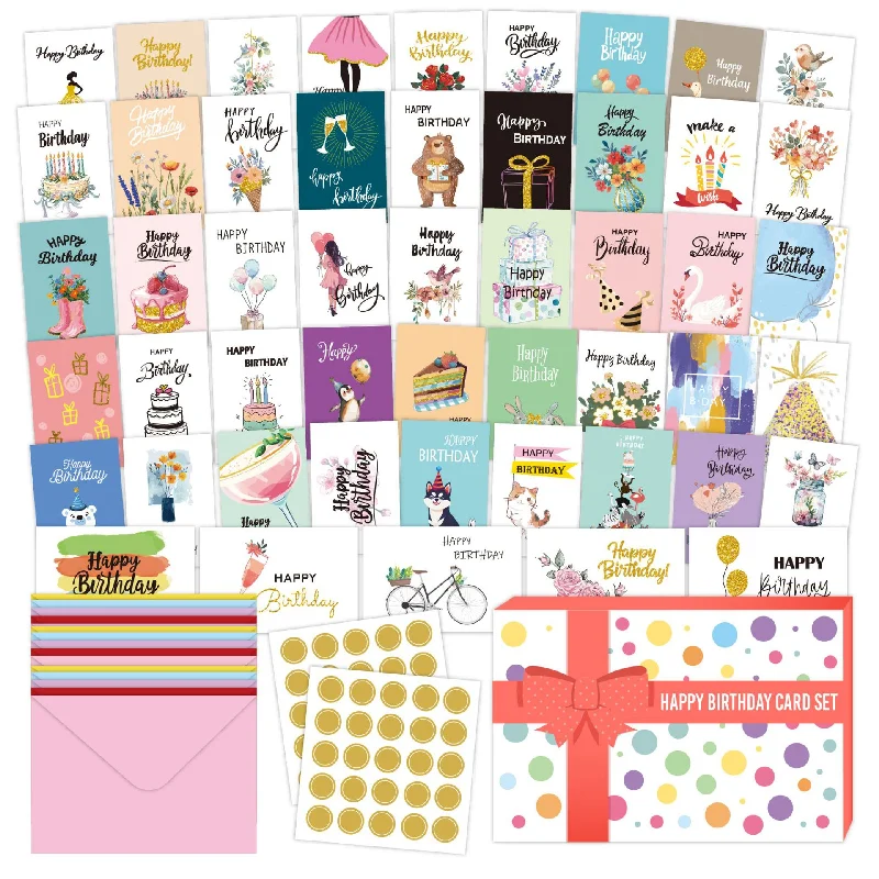 

Cute 50Pcs Birthday Cards with Envelopes and Stickers Folded Greeting Card Happy Birthday Party Invitation Card For Kids Adults