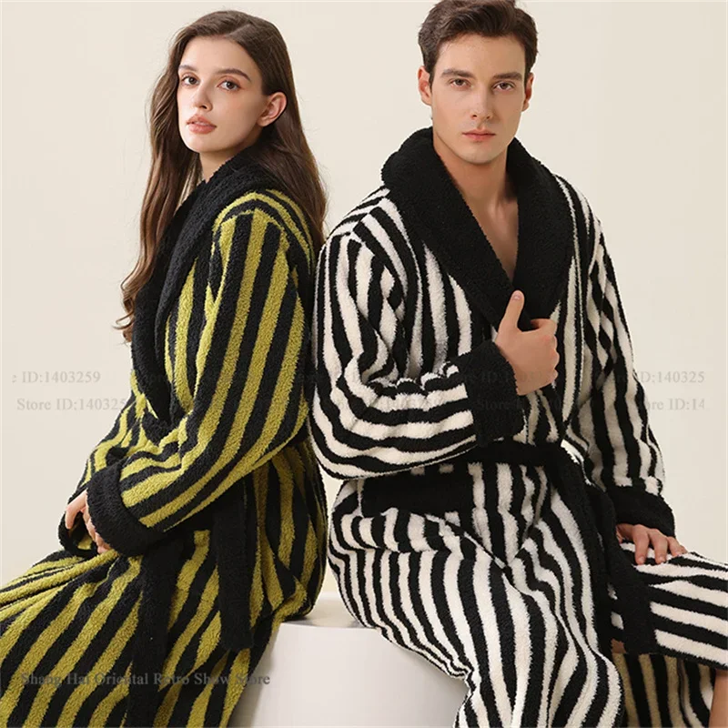 

Модный фланелевой длинный халат в полоску для пар, одежда для сна, зимняя теплая женская ночная рубашка, халат, свободный толстый коралловый флис, домашняя одежда, пижама