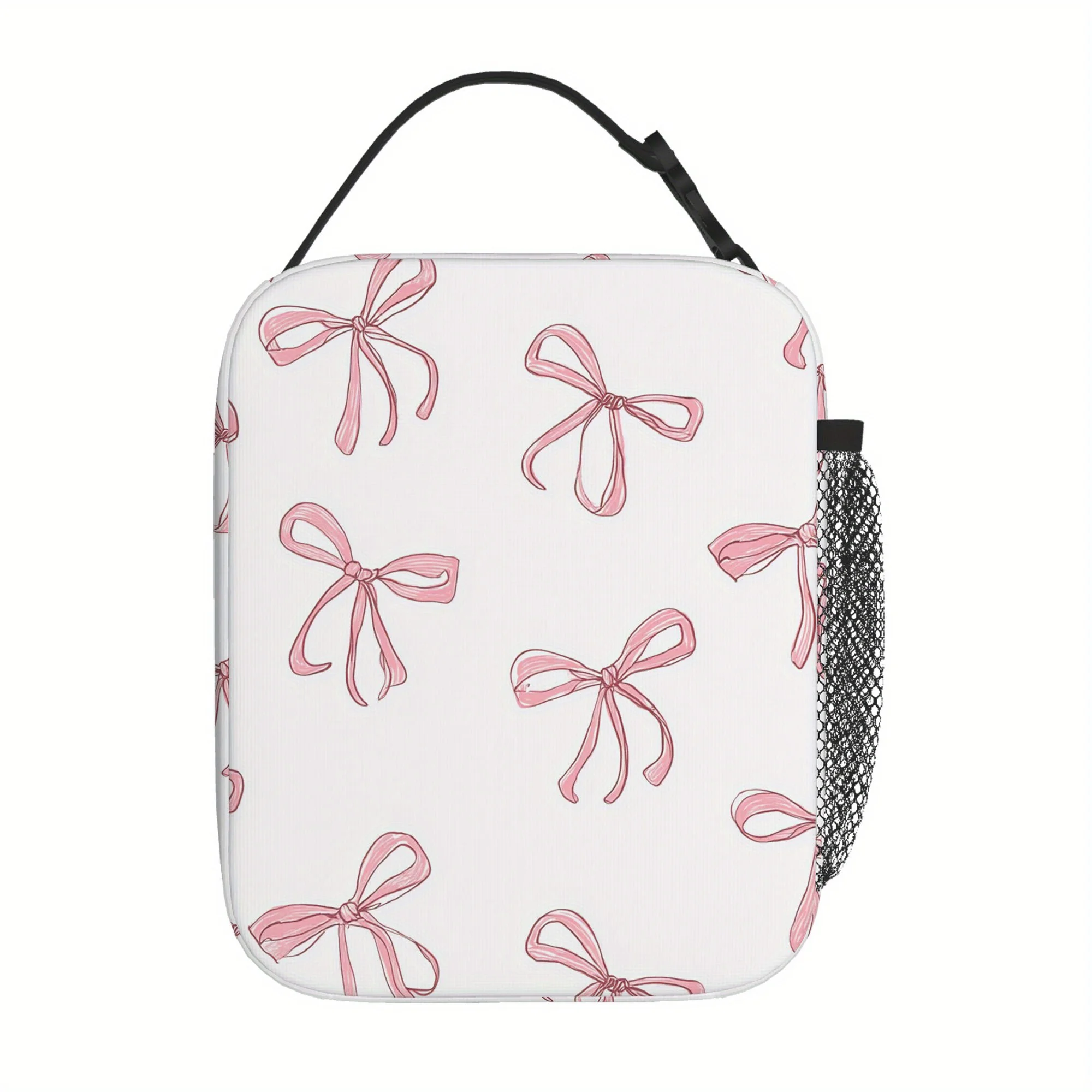 1pc a Thermal Bag Featuring Pink Bows on a White Backdrop. This Insulated Bag Is Not Intended for Direct Food Contact And Is Ide