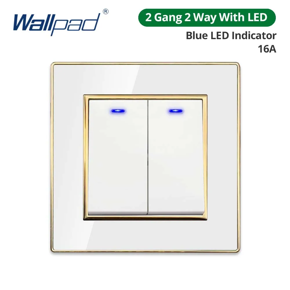 Wallpad Weißes Acryl-Panel mit goldenem Rand, 2-Wege-Wandlichtschalter mit LED-Anzeige, EU-Steckdose mit USB