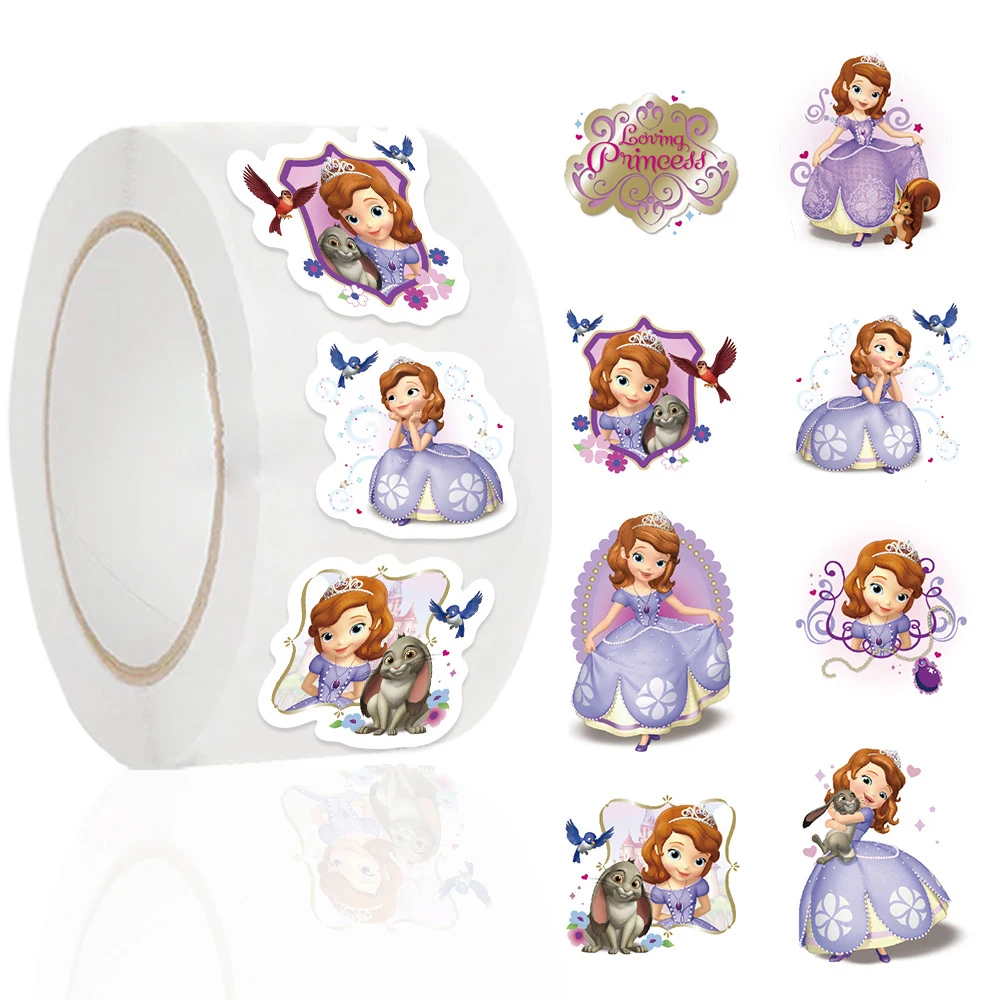 500pcs/Roll Disney Cartoon Princess Sofia Stickers Cute Seal Label Decal DIY Phone Stationery Kawaii Decoration Sticker Toy Gift