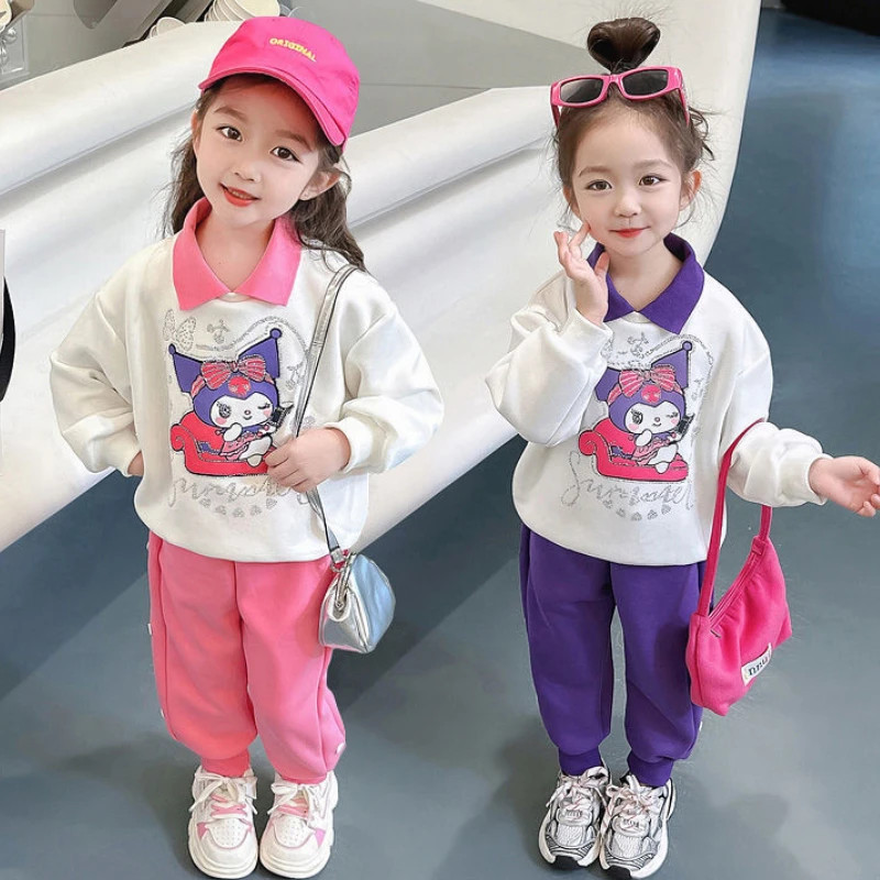 Sanrio Cartoon Kuromi Print Clothing Sets for Children Girls Sweatshirt + Long Pants 2piece Autumn Teenis Kids Casual Sets