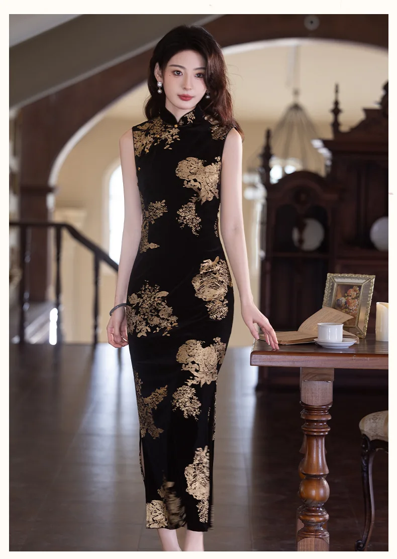 بلا أكمام زهرة سوداء القطيفة اليوسفي طوق شيونغسام عالية سبليت فيستدوس الشرقية العروس فساتين زفاف الصيف حزب ثوب #5