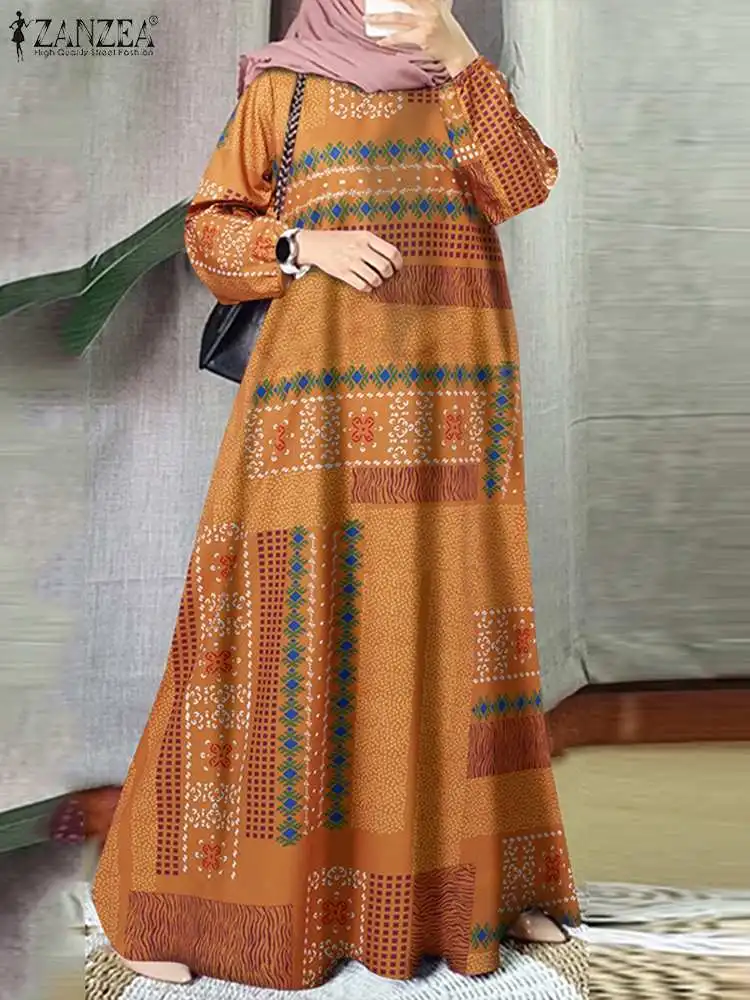 ZANZEA Ethnic Style Printing 2024 Autumn Vestidos Casual Loose Women O Neck Holiday Abaya Robes Long Sleeve Vintage Maxi Dress