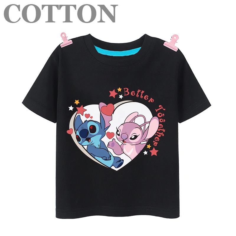 Disney Cute Stitch Anime Summer Fashion Cotton Children\'s Cartoon T-shirt Round Neck Casual Short Sleeve Printed Pattern