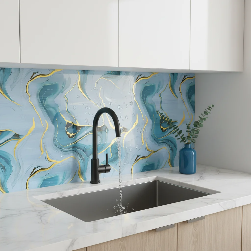 Self Adhesive Wallpaper High Gloss Blue Marble with Gold Streaks Removable Contact Paper Kitchen Counter Cabinet Refinish Film