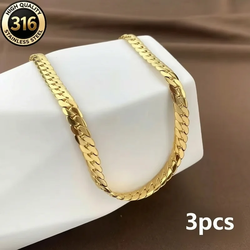 3pcs Flat Cuban Link Chain Stainless Steel Dense Chain Unisex Design Suitable for Everyday Parties And Music Festivals Versatile