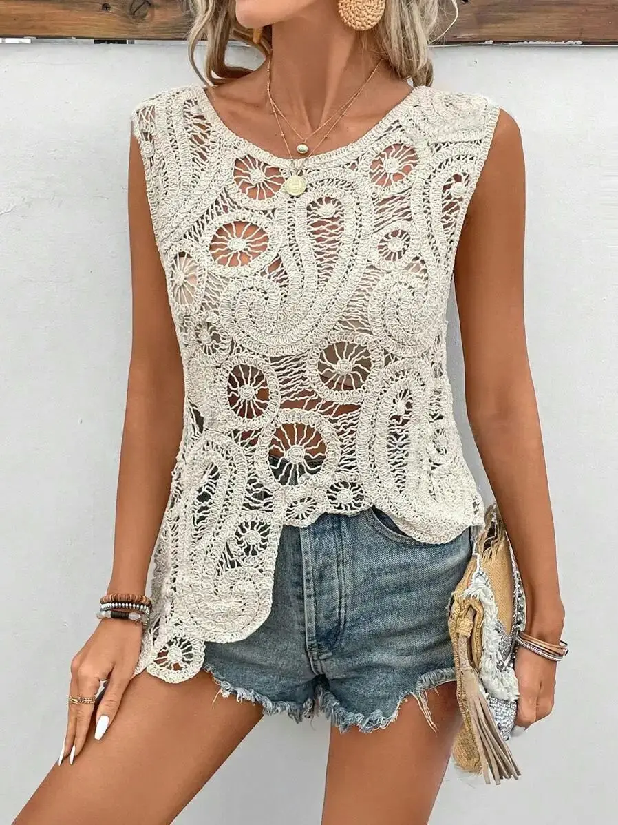 Boho Beach Holiday Camisole Crochet Knit Hollow Out Top Vest Elegant Sexy Women Summer Sleeveless Fashion Loose Tops Irregular