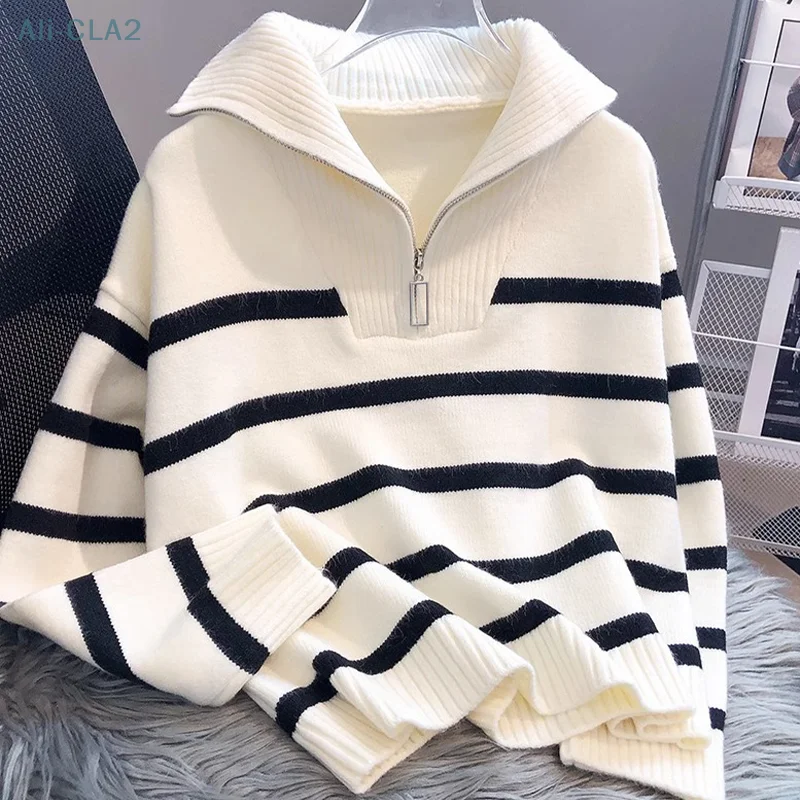 Sweater rajut wanita, baju hangat kasual longgar lengan panjang Lapel ritsleting bergaris mode musim gugur musim dingin