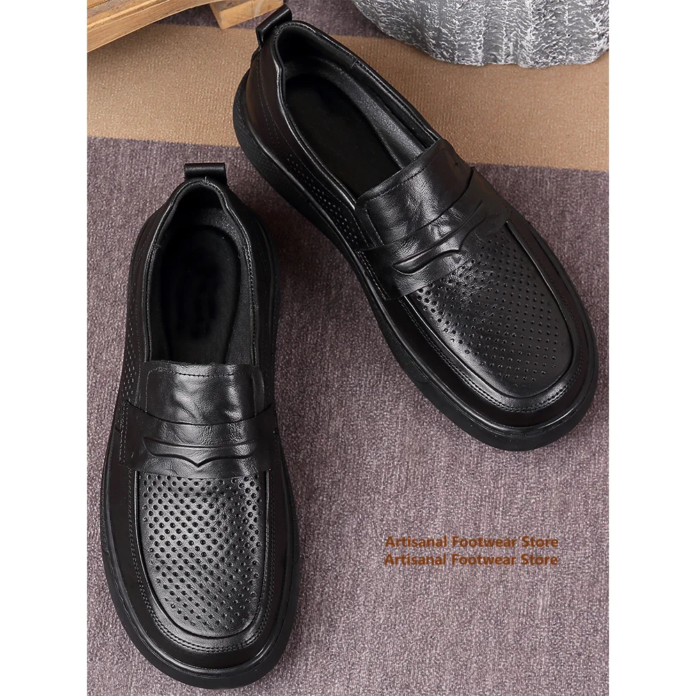 Hollow Out Leather Casual Shoes for Men Summer Breathable Soft Soles Slip On Loafers Black Leather Office Men's Shoes