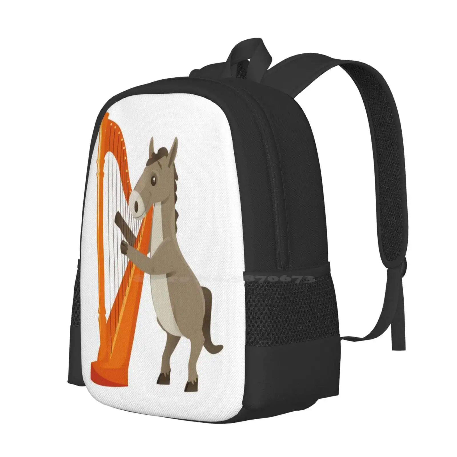 Cartoon Donkey Playing Music With Harp School Bag Big Capacity Backpack Laptop Donkey Harp Playing Instrument Musical Dance