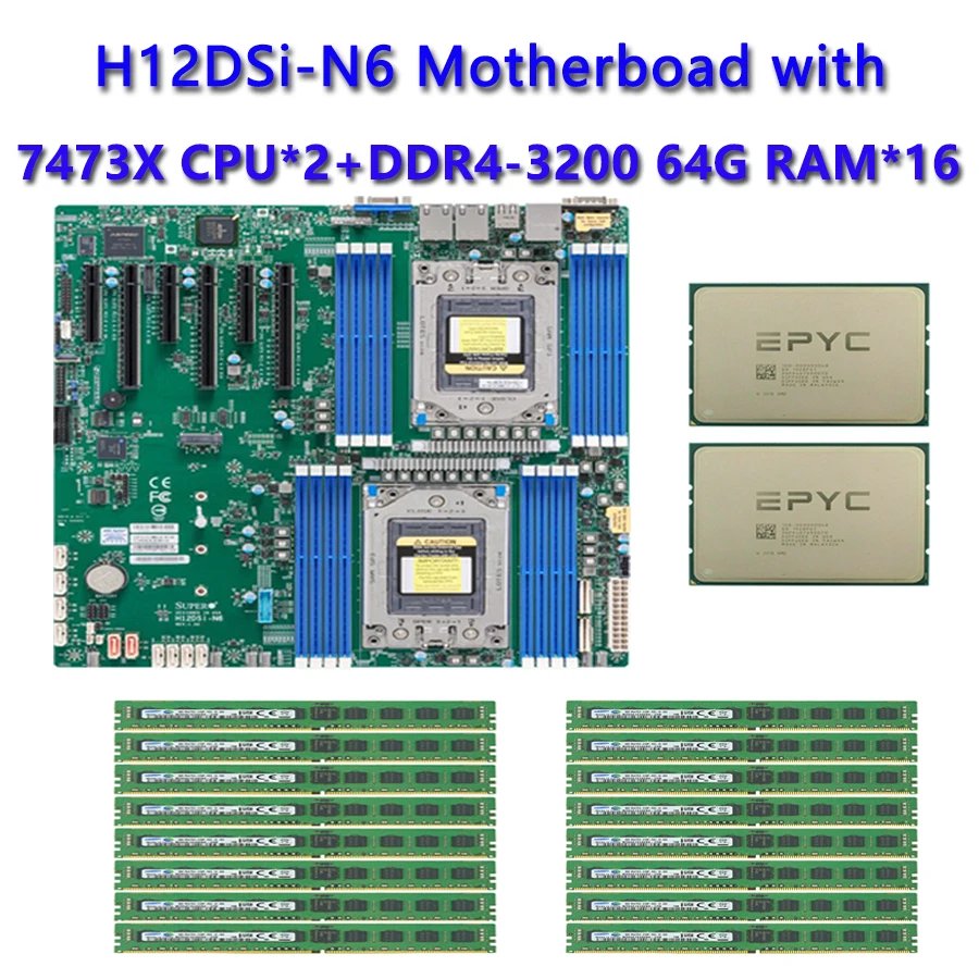 For Supermicro H12DSI-N6 Motherboard +2* EPYC 7473X 2.8Ghz 24C/48T 768MB 240W CPU Processor +16*64GB DDR4 3200mhz RAM Memory