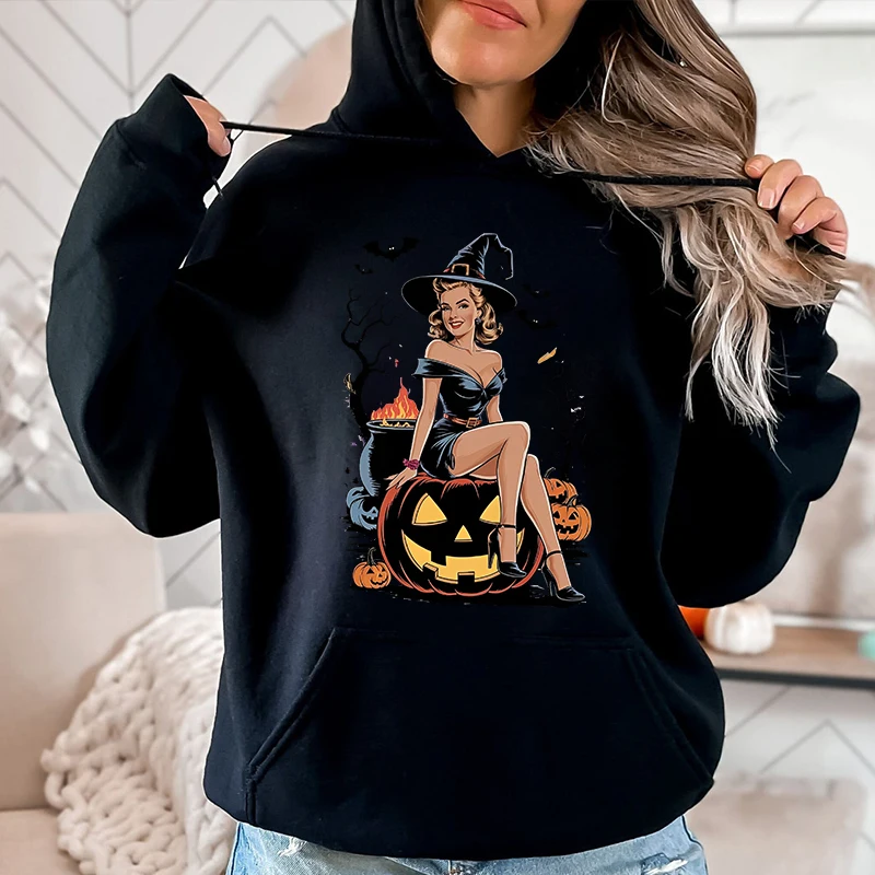 Haunted Halloween The Witch on the Pumpkin Printed Women's Autumn and Winter Hoodies Plush Sweatshirt Loose Tops