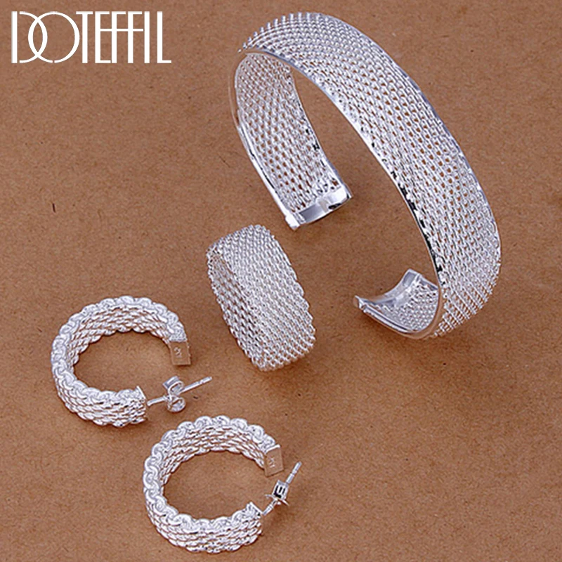 Fashion Earring Bangle Ring Bracelet Silver Color Set For Women Round  Christmas Gift Party Wedding Jewelry Free Shipping