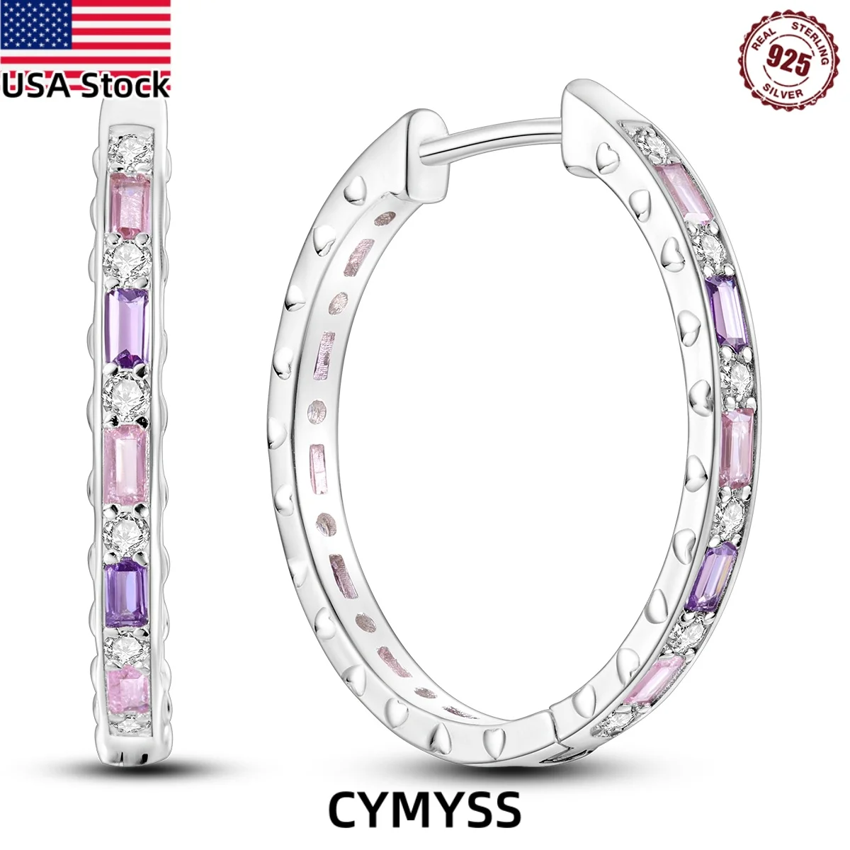 

CYMYSS 2025 S925 Sterling Silver Plated White Gold Zircon Pink Purple Large Hoop Earrings Jewellery Birthday Gift Women Earrings