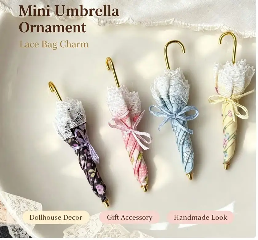 Photo Props Toy Umbrella Miniature Vintage Lace Floral Umbrella Handcrafted Decor for Dollhouse Scenes DIY Accessories
