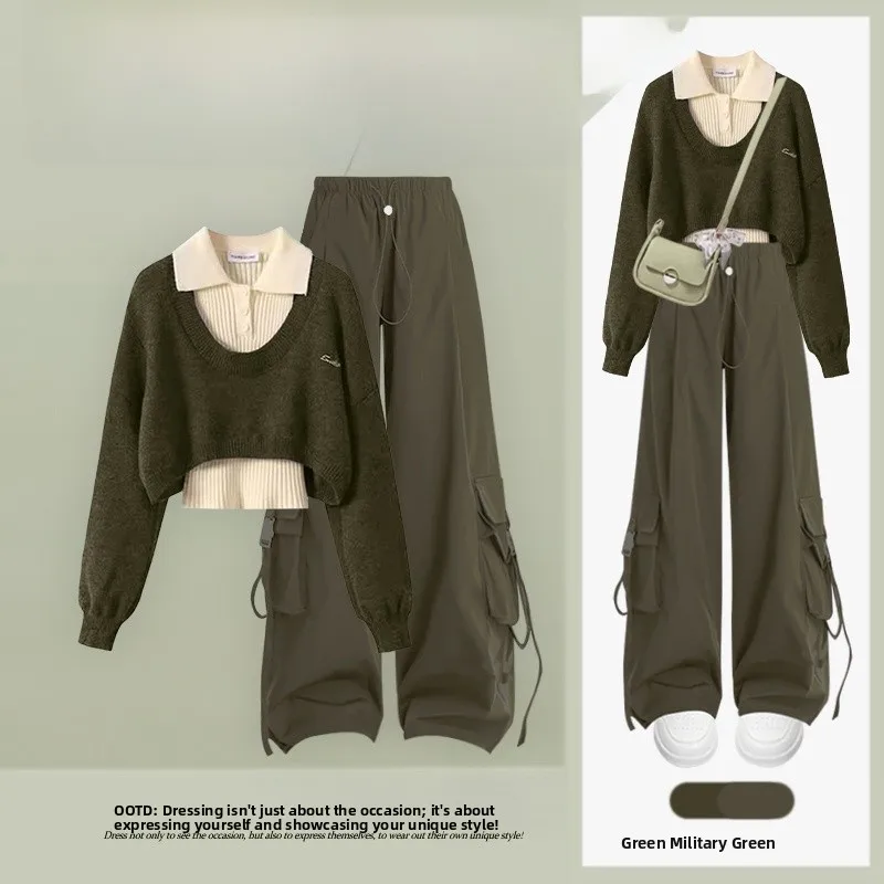 

Faionable Knitted Tee-Piece Set for Women High Waist Slimming Workwear Pants Vintage Anti-Aging Sweater Vest Autumn Sle