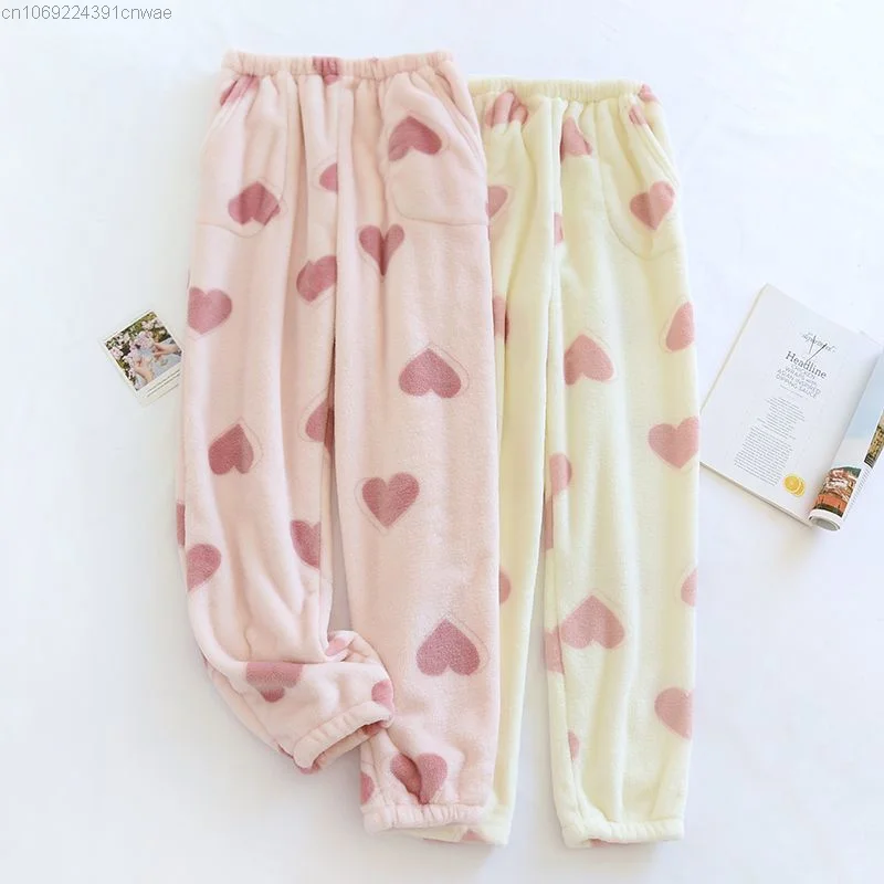 New Heart Print Fluffy Fur Pajamas Pj Sleepwear Trousers Y 2k Cutecore Flannel Warm Plus Pyjama Pants Women Home Wear Pink Pants