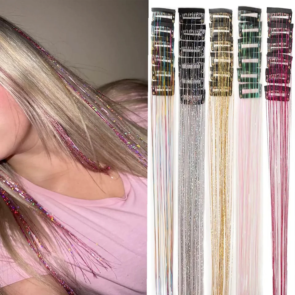 Kit de 12 piezas de tinsel sintético de 20 pulgadas con clip, brillantina, resistente al calor, cabello de hada