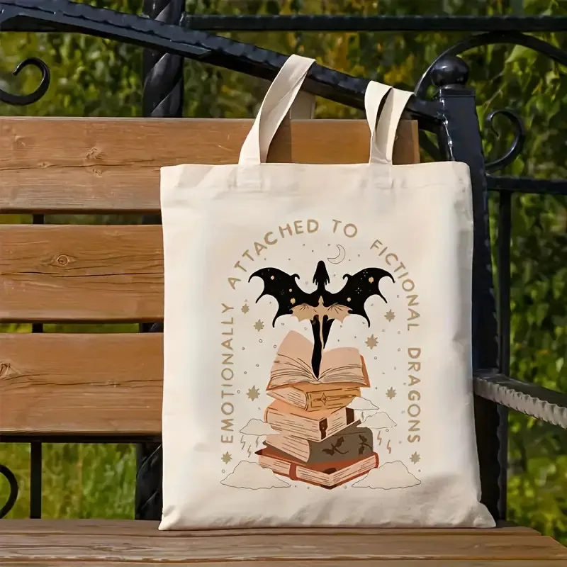Emotionally Attached To Fictional Dragons Canvas Tote Bag Book Dragon Print Reusable Book Lover Shoulder Handbag