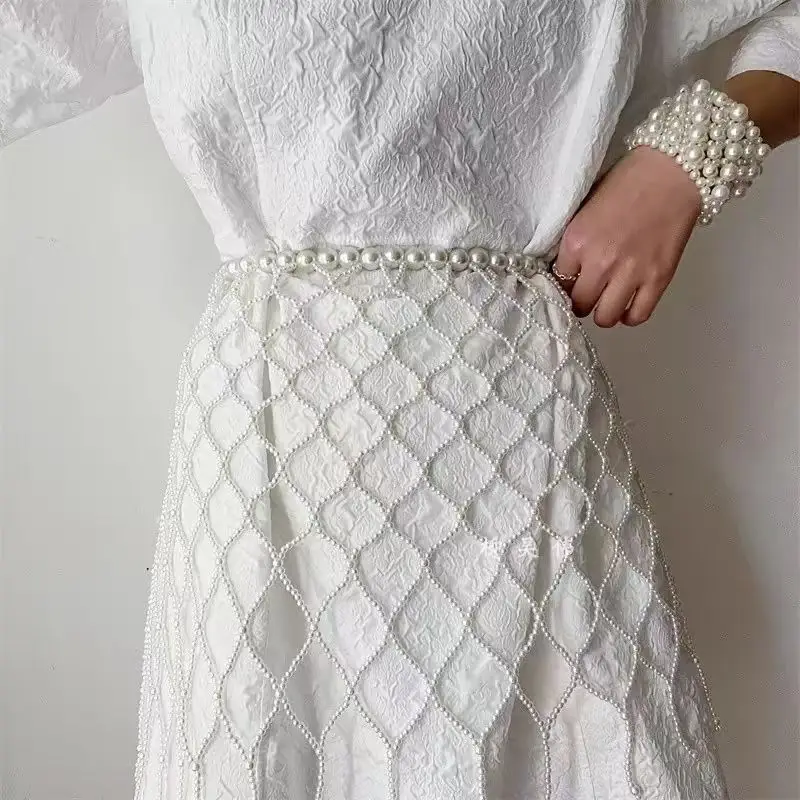

Модная новая сетчатая юбка в стиле девушки с имитацией жемчуга, изысканная цепочка на талию с бисером, отличная повседневная одежда
