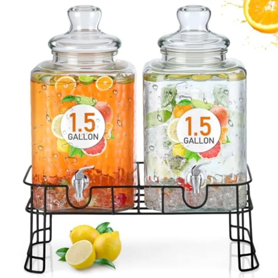 

5 Glass Beverage Dispenser with Stand Stainless Steel Spigot Glass Lid Clear Iced Juice Container Leakproof Drink Dispenser Cou