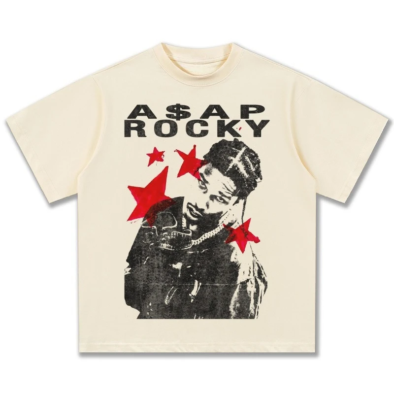 2026 Hip Hop Streetwear Oversized T‑Shirt Men Vintage Star Abstract Figure Print Crew Neck Drop Shoulder Cotton Casual Tees